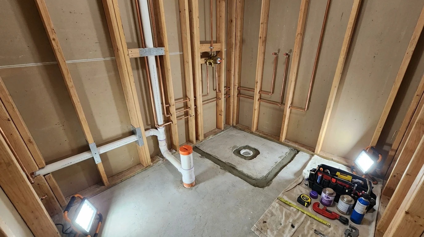 Bathroom rough-in plumbing during remodel by Johns Plumbing LLC in Crestline