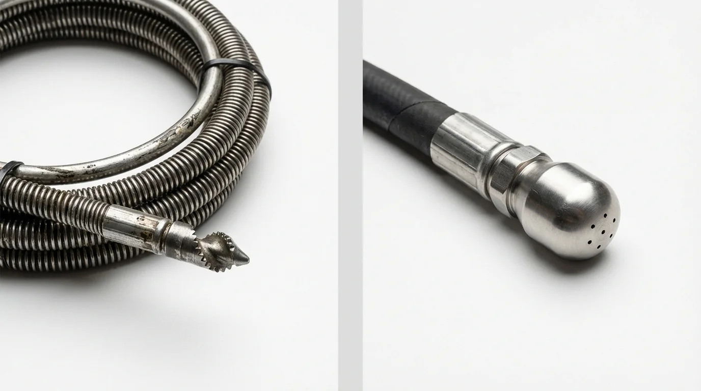 Drain snake cable and hydro jetting nozzle used for drain cleaning in Crestline, OH