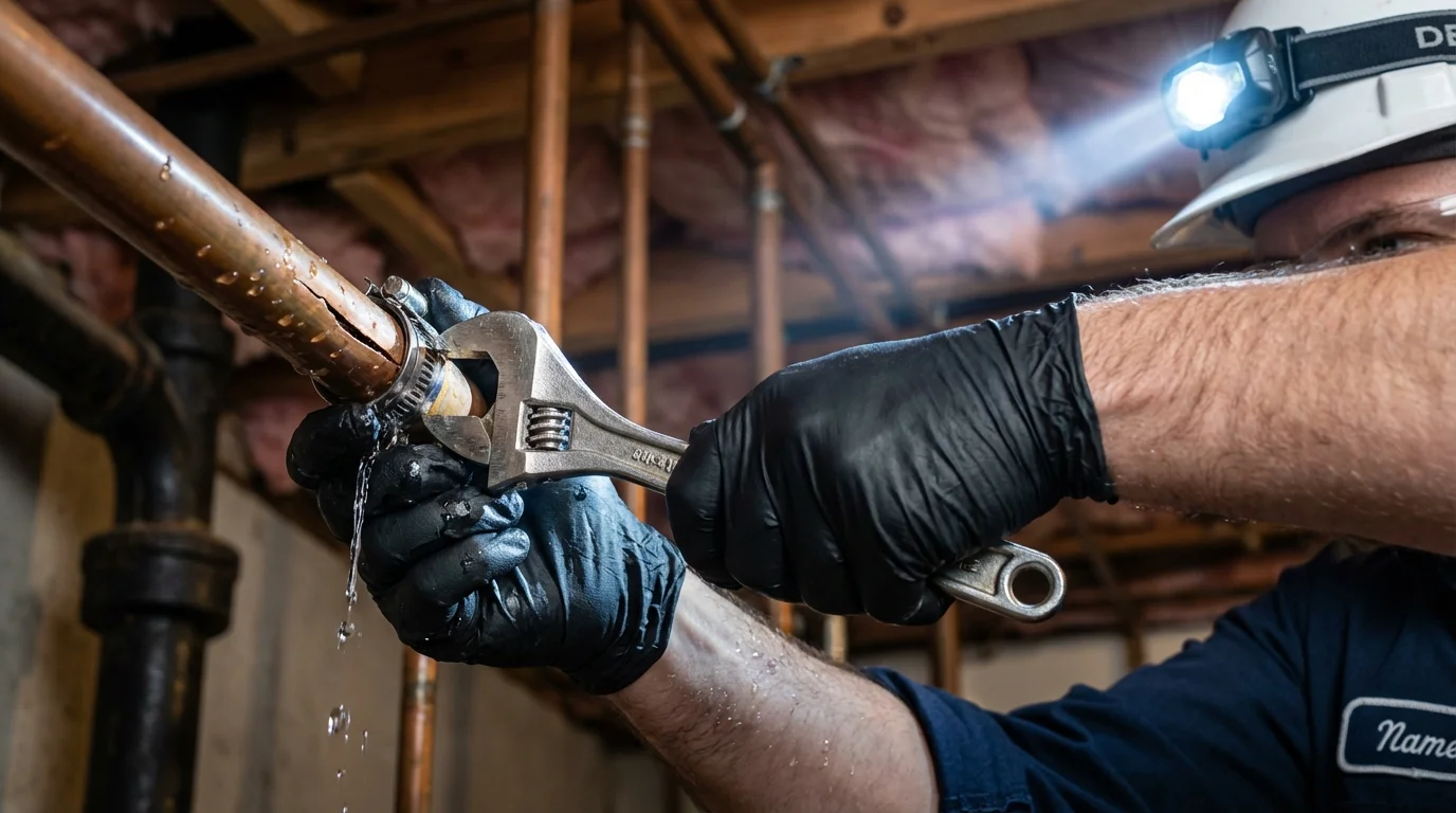 Emergency pipe clamp repair being performed by a Johns Plumbing LLC plumber in Crestline