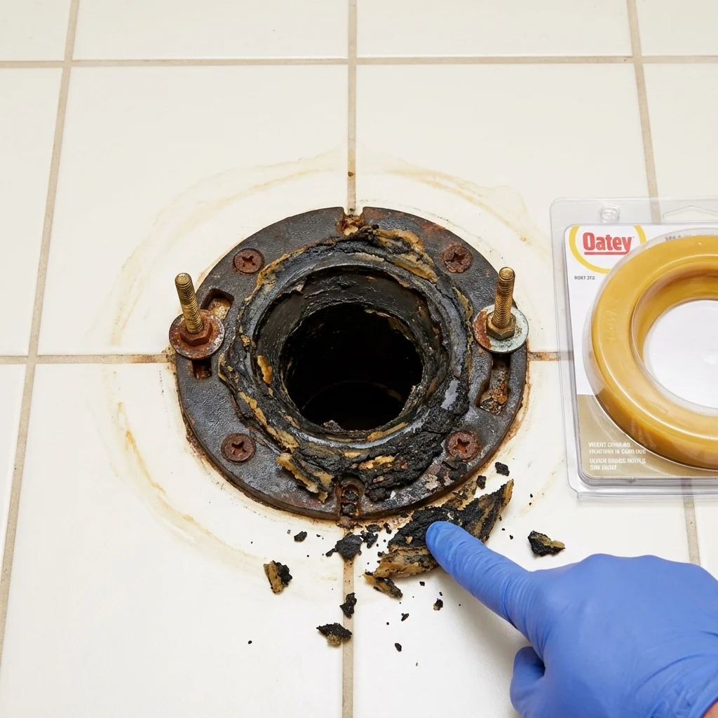 Failed wax ring showing water seepage at the base of a toilet in a Crestline, OH home