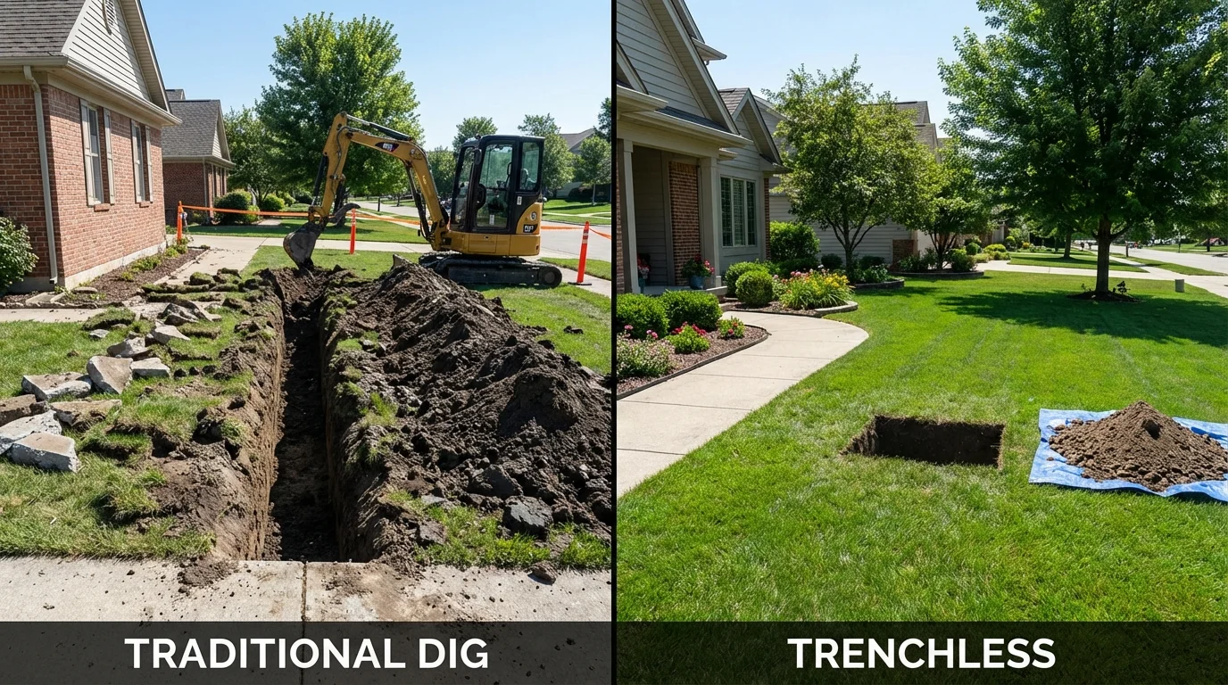 Trenchless sewer repair with minimal yard damage versus traditional excavation in Crestline, OH
